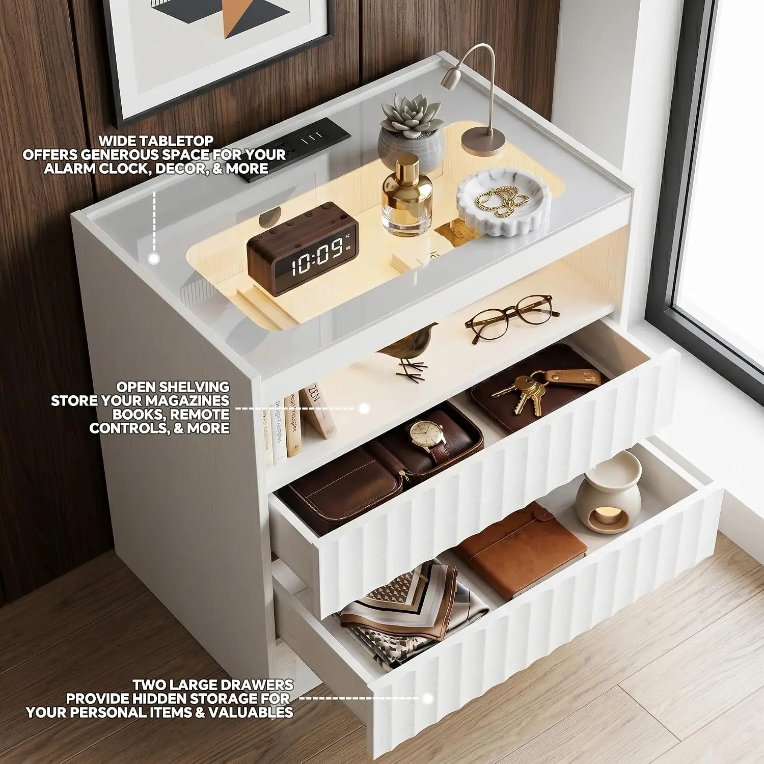 24” Fluted 2 Drawer Nightstand with Charging Station and LED for Bedroom