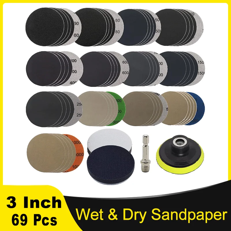 

3 Inch Wet Dry Sandpaper 69 Pcs Assorted Grit 60-10000 with M10 Backing Pad Interface Pad for Wood Metal Mirror Jewelry Car