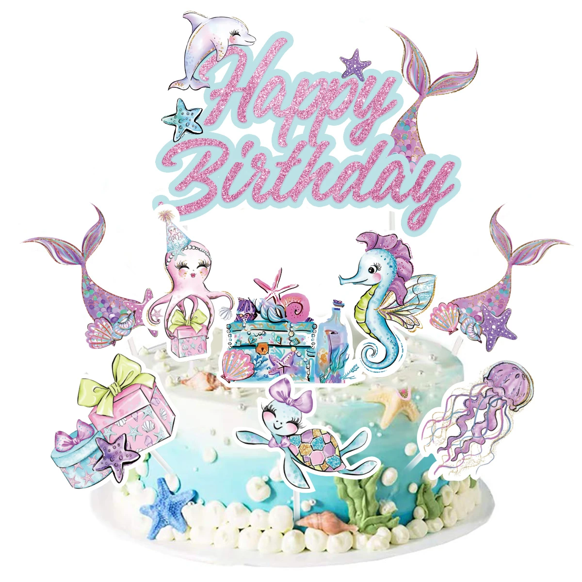 Mermaid Themed Birthday Cake Topper Decor Mermaid Tail Happy Birthday Cake Topper for Birthday Cake Baby Shower Party Supplies