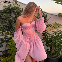 Bafftafe Pink Chiffon Mini Prom Dresses Customized Long Sleeve Above Knee Cocktail Gowns Women Homecoming Party Bridesmaid Dress
