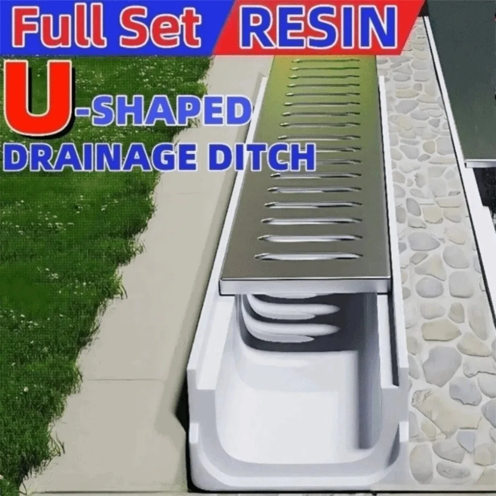 Resin Drainage Gutter Single Row Grate Heavy Duty Finished Drainage Ditch Stainless Steel Cover U-shaped Groove Linear Drain