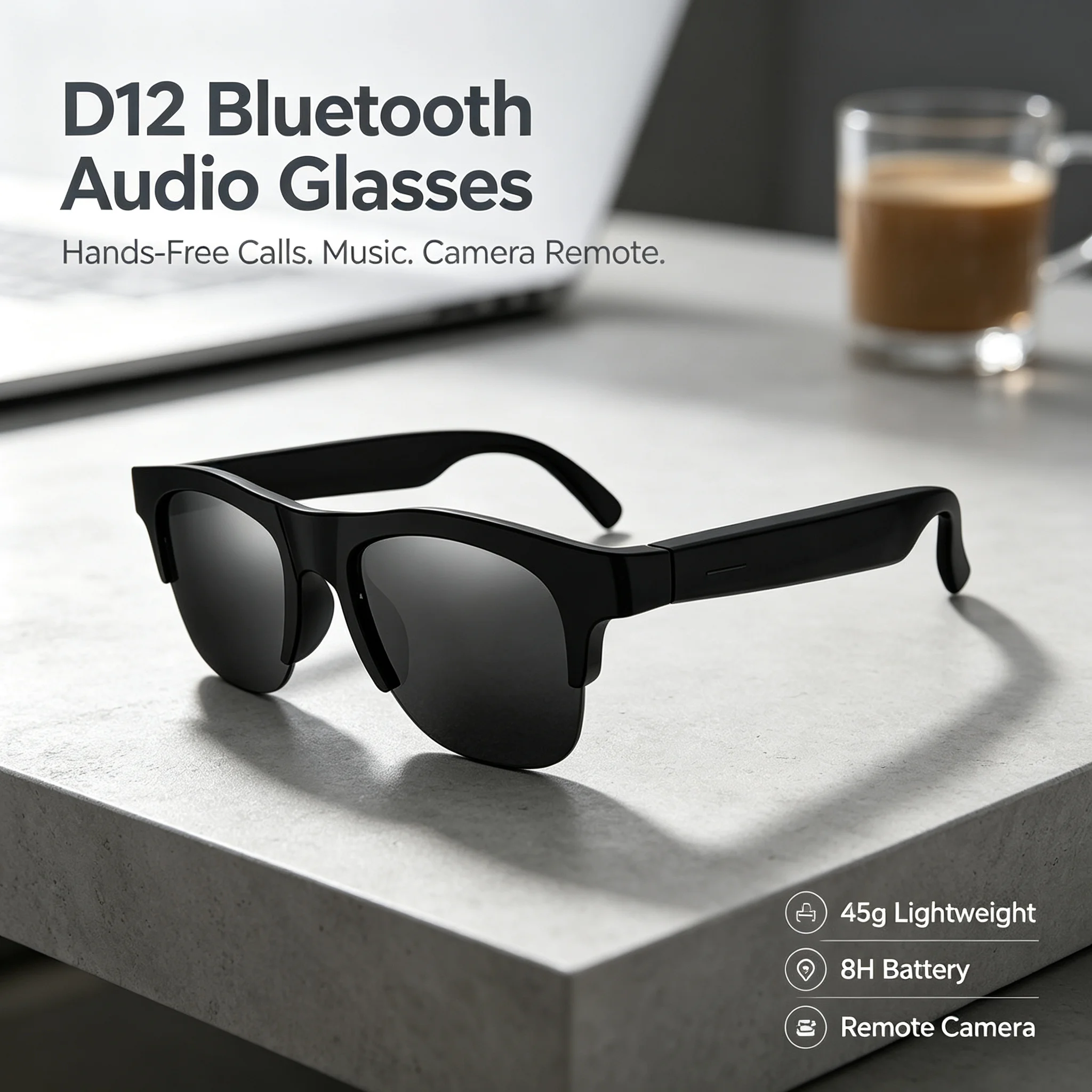 D12 Bluetooth Audio Glasses Smart Eyewear Hands Free Calling Music Player Voice Wake Remote Camera Touch Control 8H Battery 45g
