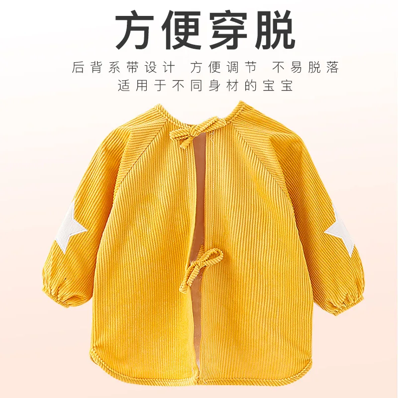 Waterproof Toddler Bib with Sleeves Crystal Velvet Apron Long Sleeve Feeding Smock Anti-Stain Baby Eating Bib for Autumn Winter