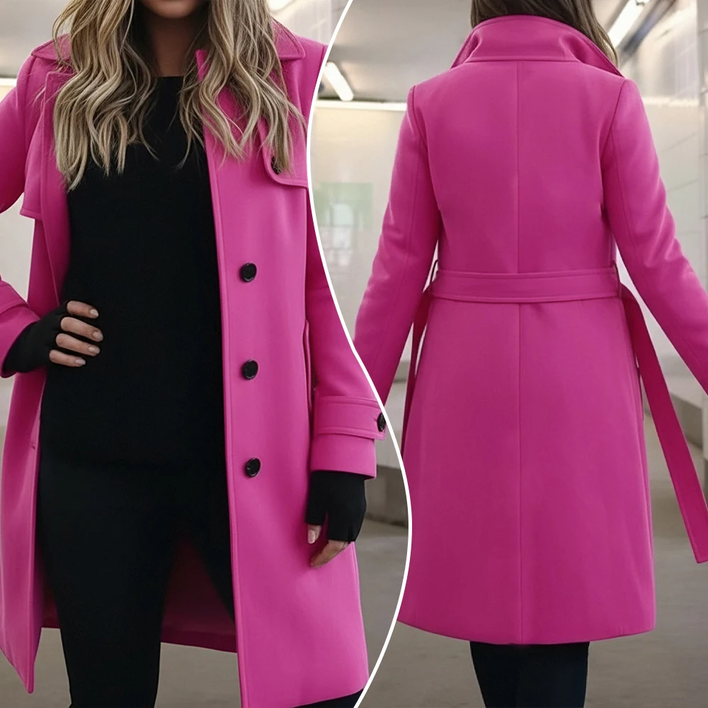 

Autumn Winter New Slim Women's Coats Vintage Solid Lapel Single-Breasted Jacket Female Street Lace-Up Belt Coats