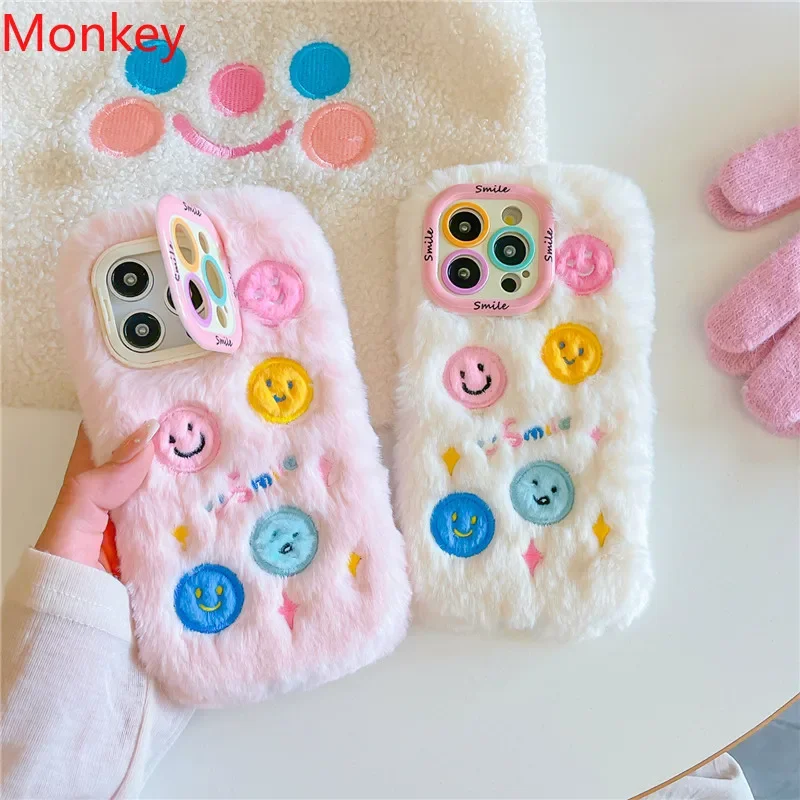 Fur Embroidered Funny Smiley Face Camera Lens Phone Holder Case For iPhone 16 15 Plus 14 Pro Max 13 12 11 Fluffy Soft Back Cover