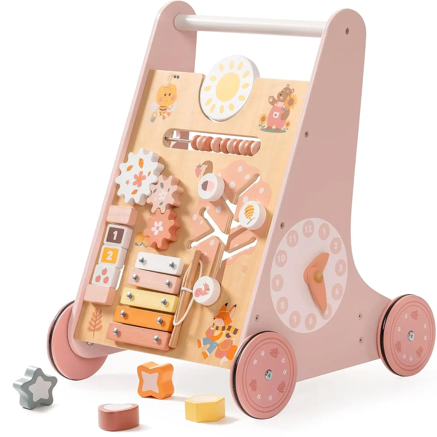 Robotime Robud 木製ベビーウォーカー ベビープッシュウォーカー アクティビティセンターと収納付き モンテッソーリウォーカーおもちゃ 男の子 女の子用 ピンク