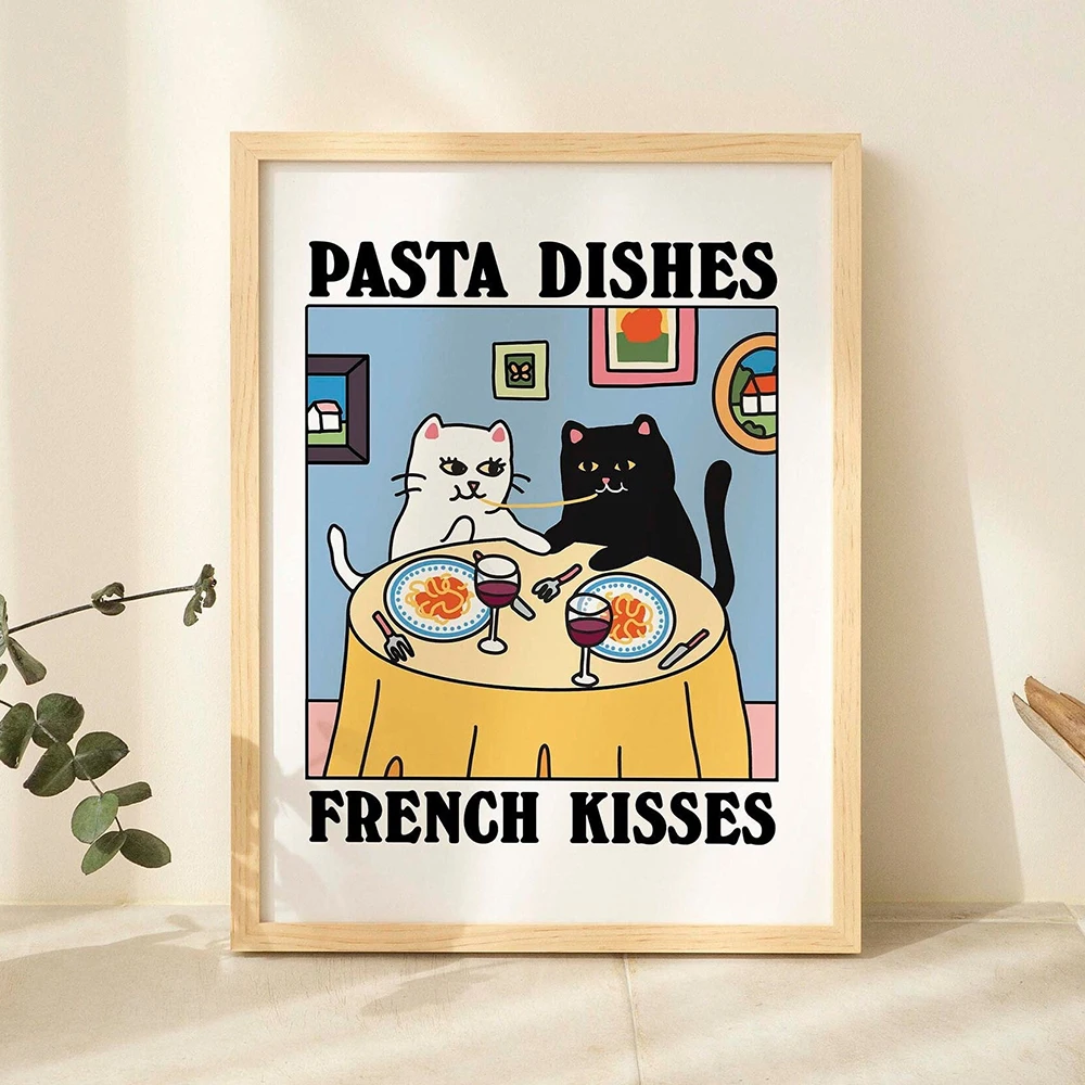 Pasta Dishes French Cat Print Retro Drink Poster Bistro Coffee Picture Kitchen Decor Unique Cat Martini Drink Cuadros Decorativo