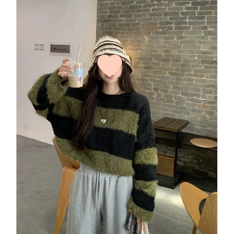 Korean Dongdaemun Autumn/Winter New Arrival Sensible Elegant Idle Style Striped Soft And Supple Momo Round Neck Sweater