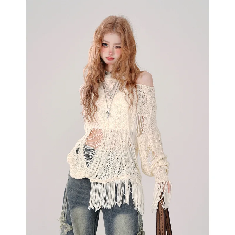 

2026 Women's Lazy Distressed Cutout Knit Sweater Spring Summer Cover Up Loose Casual Sun Protection Top