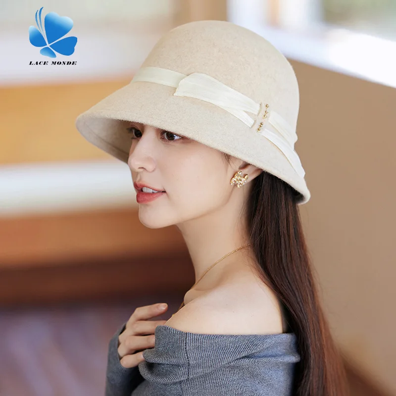 Hepburn style winter wool top hat Ladies fashion elegant light luxury silk hemp ribbon pearl fisherman hat