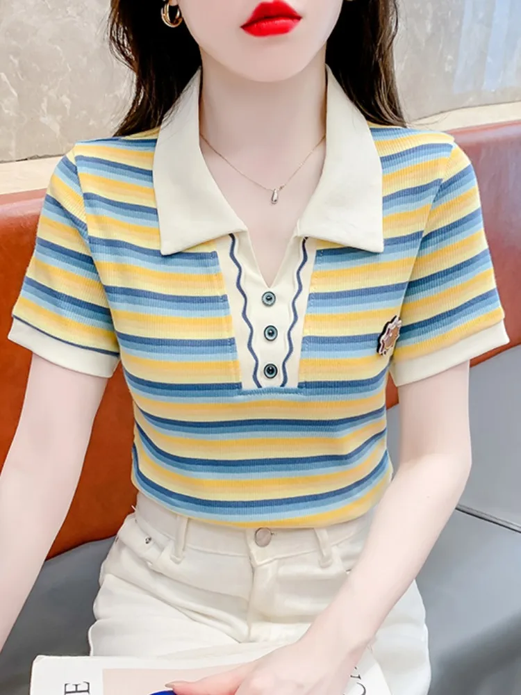 슬리밍 스트라이프 티셔츠 패셔너블하고 다재다능한 여름 여성용 안티에이징 티셔츠 출퇴근용 고급스러운 느낌