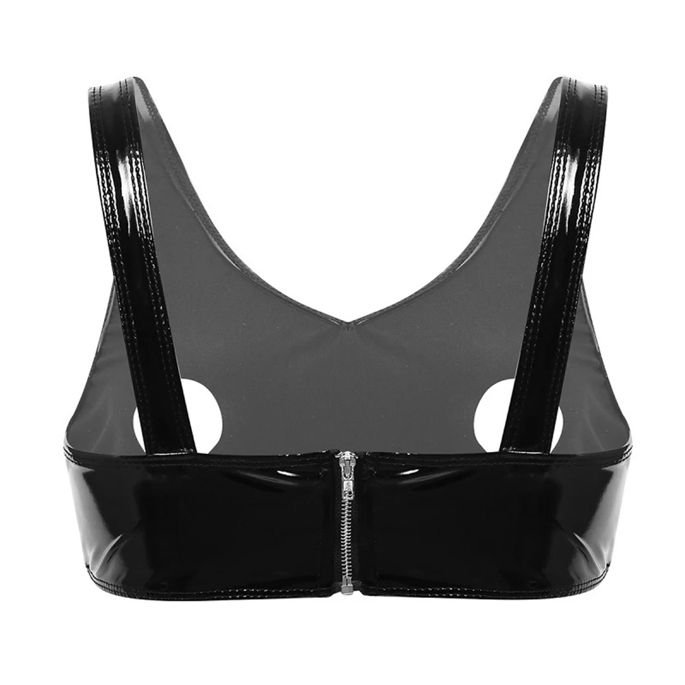 Sujetador sin aros de charol para mujer, Bralette Sexy con aspecto húmedo y hueco, Top corto con cremallera, disfraz de pecho abierto, lencería para