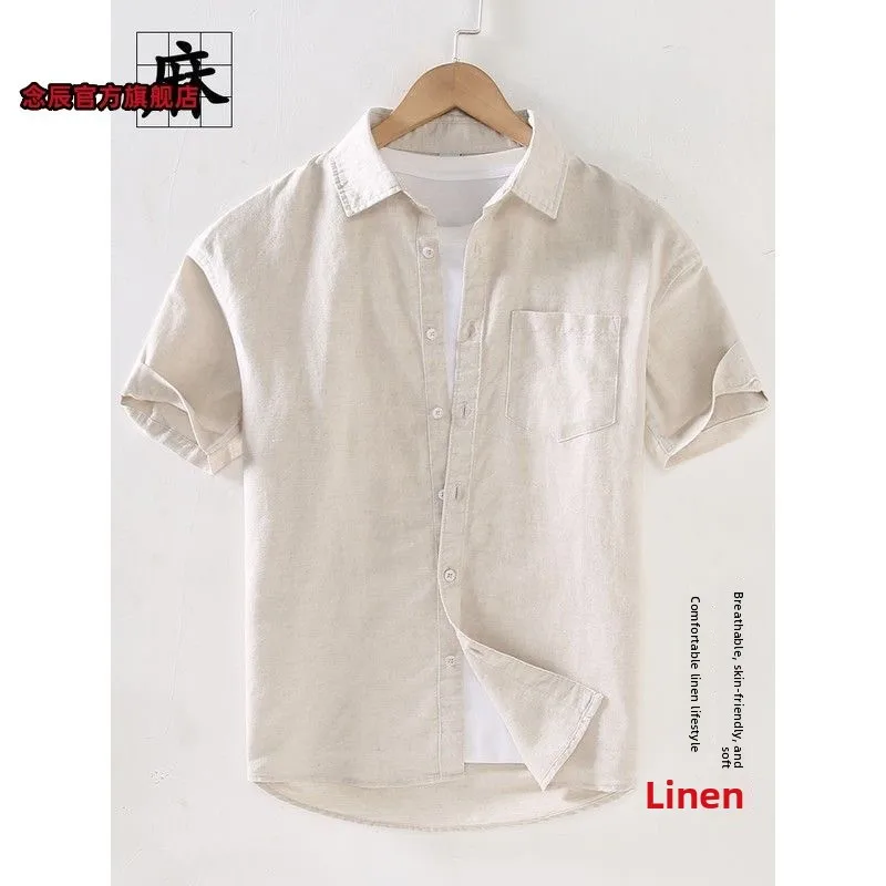 

Cotton Linen ort Sve irt Men's Summer Thin Retro Casual Pure Color Top Breathable Loose Fit Regular Length Open Cardigan