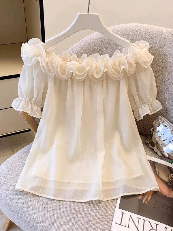 

Stunning One-Shoulder Chiffon Top Women's Summer New Large Size Beautiful Floral 3D Print Korean Style Loose Fit Short Sleeve