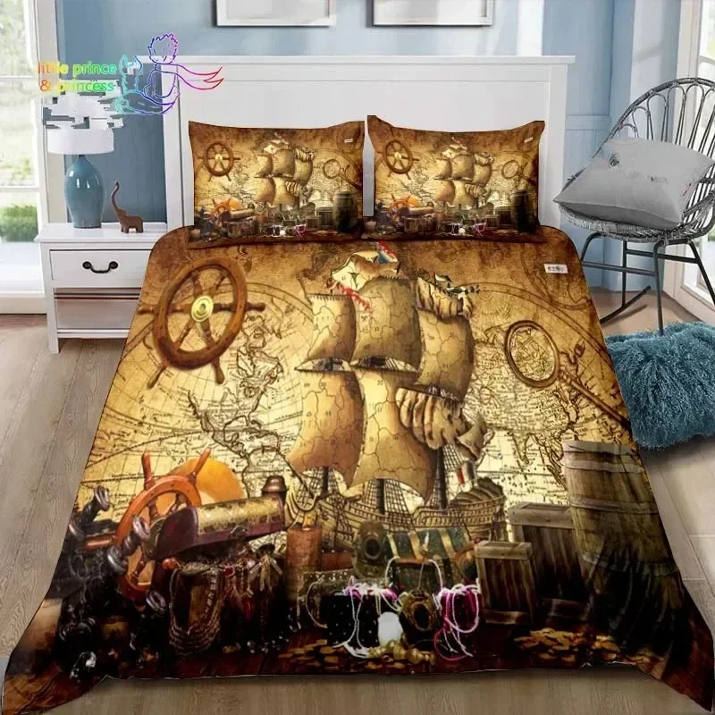 Vintage Pirates Bedding Set Single Twin Full Queen King Size Bed Set Adult Kid Bedroom Pirates Treasure Map Bedding Gift