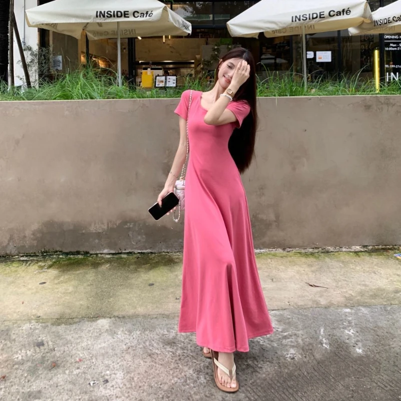 ZMZBCH nouvelle robe coréenne à manches courtes pour femmes, couleur unie, pour l'été, effet amincis