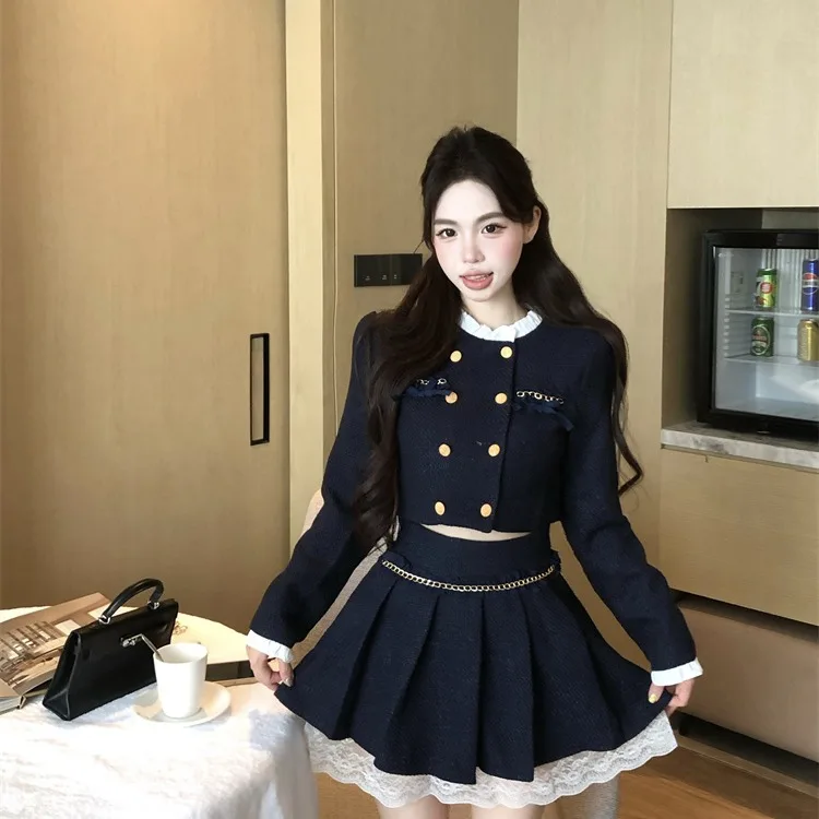 Autumn 2026 New Style Wood Grain  Stand Collar Little Fragrance Wind Coat High Waist Pleated  Skirt Short Set Women's...