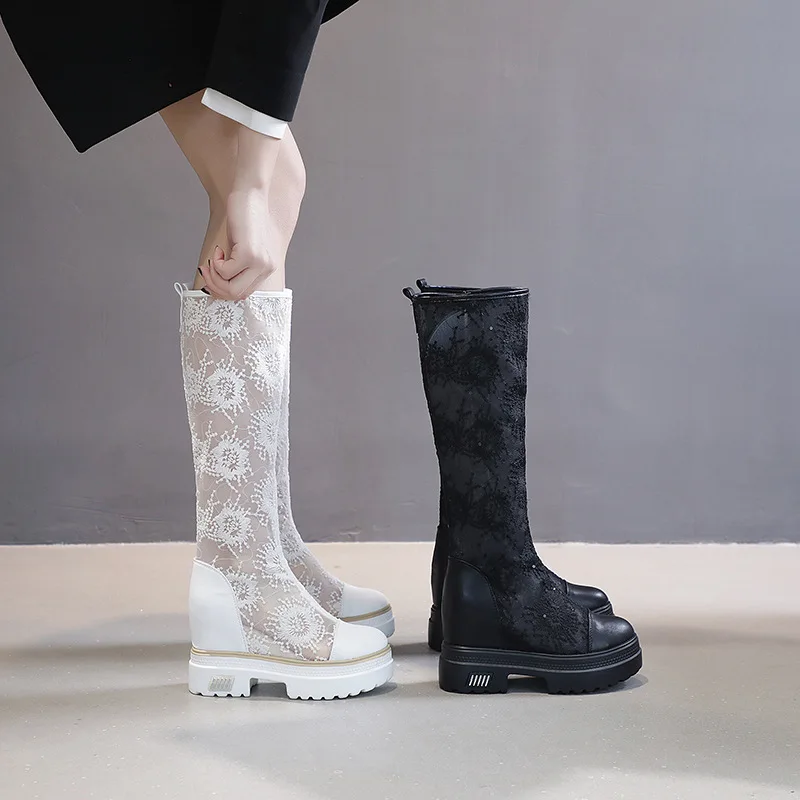 White Embroidered Mesh Boots for Spring/summer 2026 New Increase Length Boot  Mesh Breathable and Versatile Women\'s Boots  Shoes