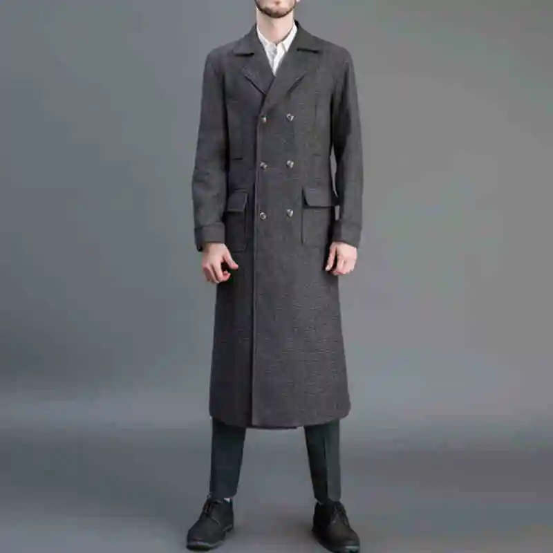 Autumn And Winter Extra Long Over Knee Length Overcoat Double Breasted Windbreaker Men's Weight 150 Kg Can Wear Woolen Coat