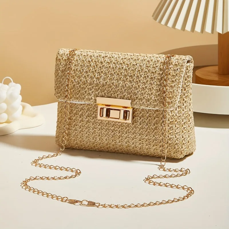 Buckle Single Shoulder Crossbody Simple Small Square Bag, Ladies' Fashionable Woven Bag, Suitable for Beach Tourism Party