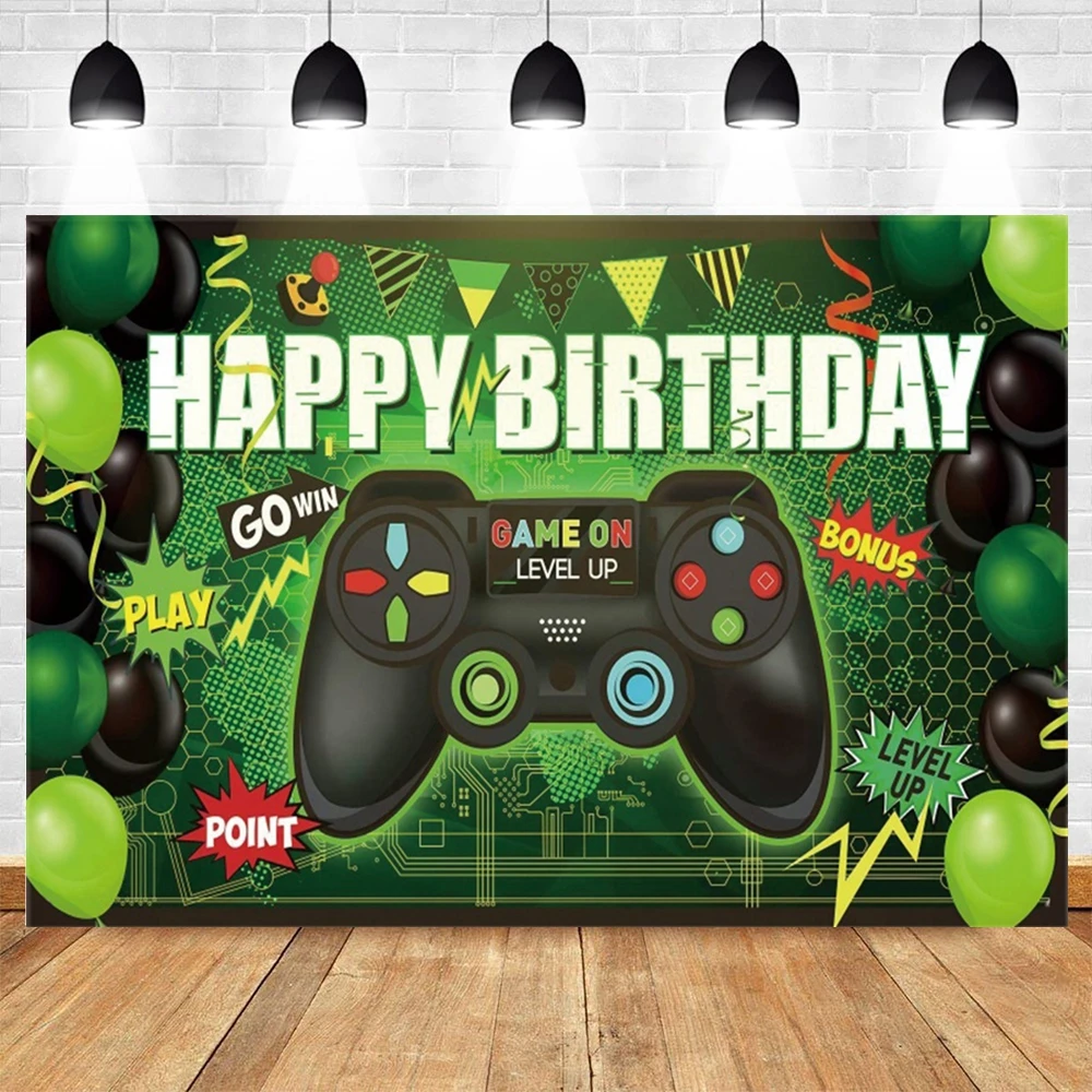 Balon Game di latar belakang, Gamepad level atas, perlengkapan Studio foto spanduk dekorasi latar belakang fotografi pesta ulang tahun anak laki-laki