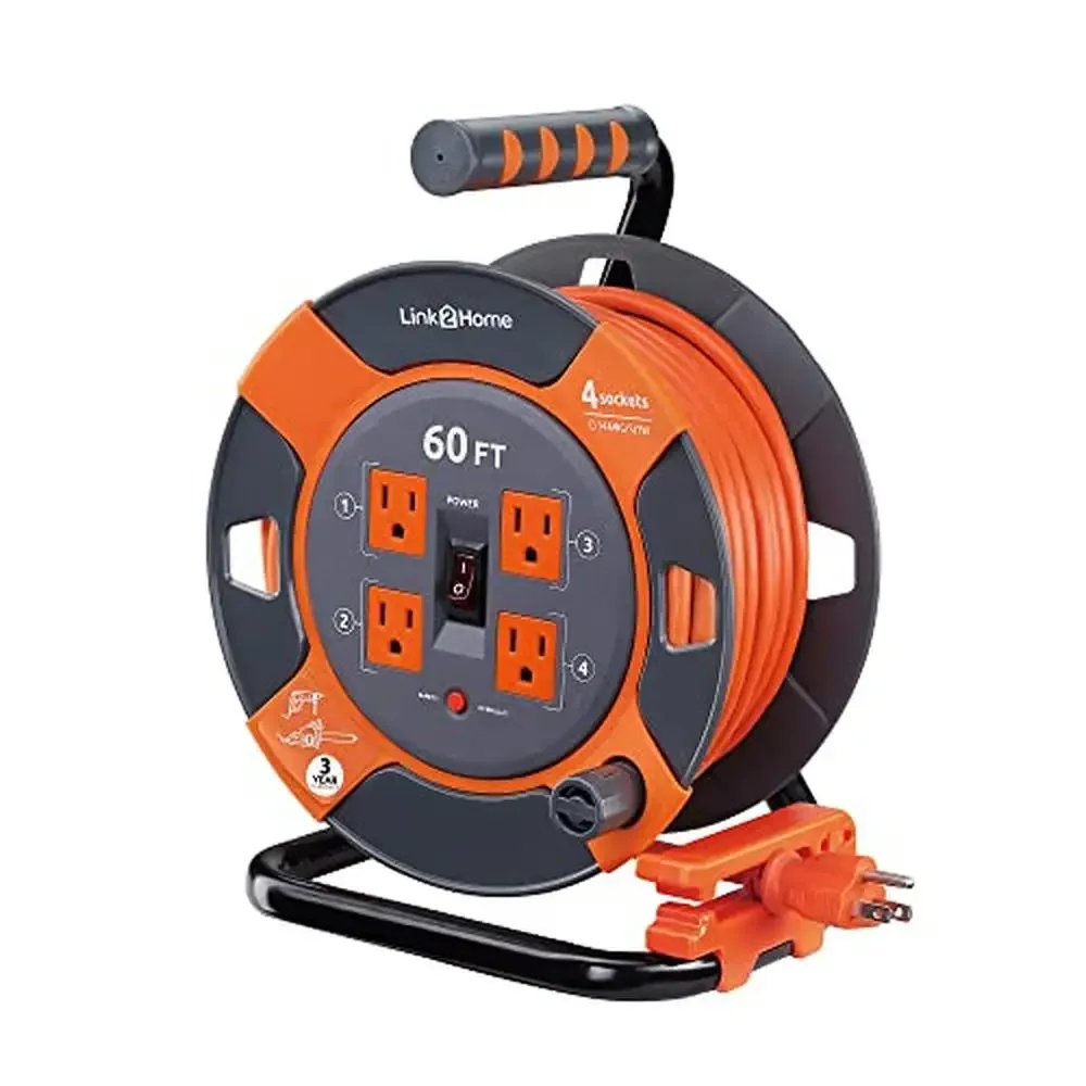 

Heavy Duty 60ft Extension Cord Reel 4 Outlets Circuit Breaker High Visibility Cable