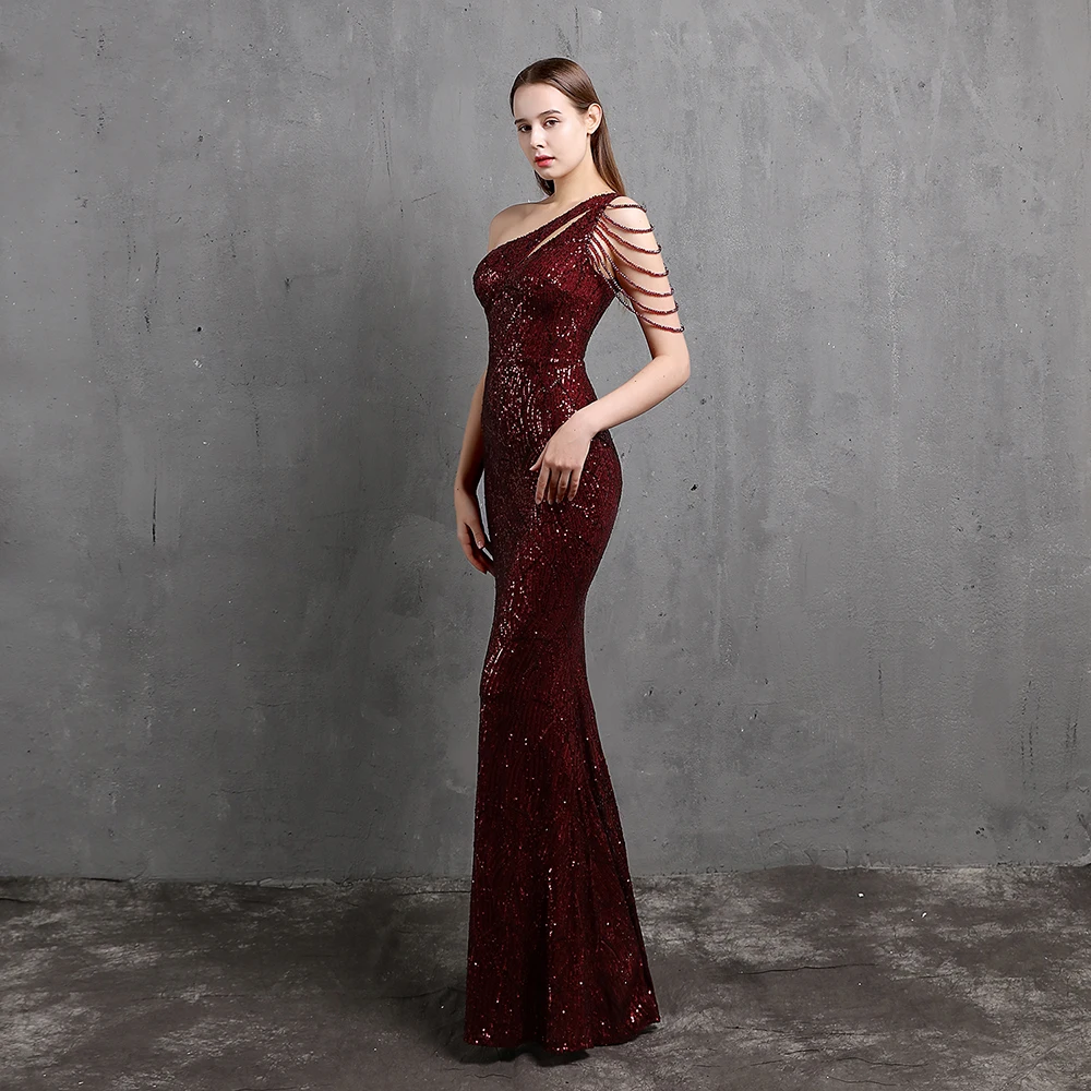 Elegante Paillettenkleider für Damen für Hochzeitsgäste, einschultriges Kleid mit Perlen-Maxi-formalen Kleidern