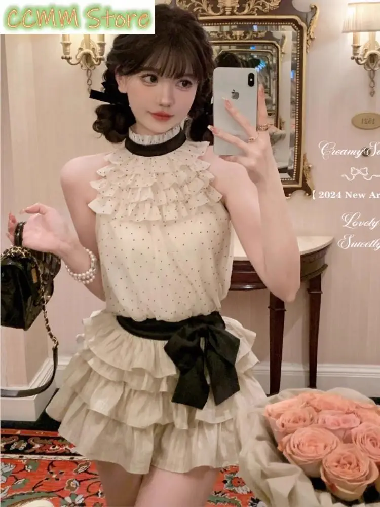 Korean Fashion Polka Dot Pleated Shirt 2 Piece Set Women Summer Sweet Tower Skirt   Sleeveless Chiffon Tops Outfits Y2K Suits