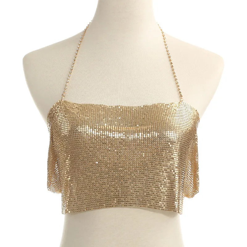 Women's Shiny Metal Fabric Suspender Beach Halter, Gold Sequined Tank Top, Elegant Camisole, Sexy, Summer