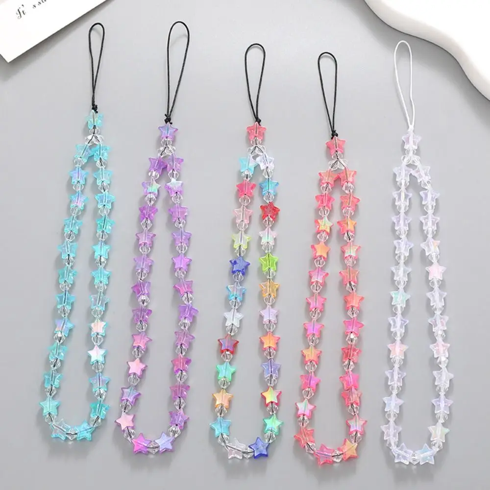 Cute Star Beaded Phone Chain Acrylic Beaded Korea Phone Pendant Lovely Coloful Anti-Lost Phone Chain Hanging Jewelry Girl Gift