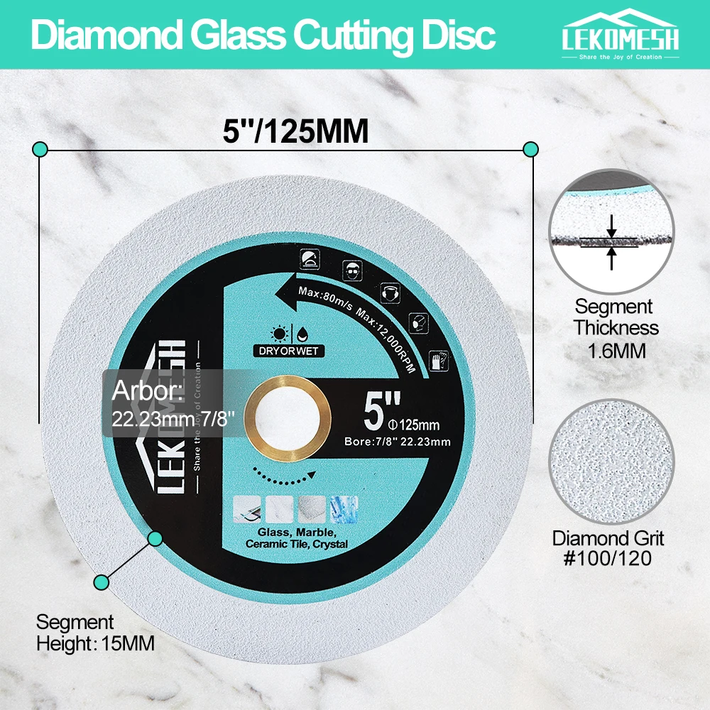 LEKOMESH Dia125mm/5inches Diamond Saw Blade For Glass Jade Crystal Wine Bottal Cutting Disc Diamond Turbo Cutting Blades