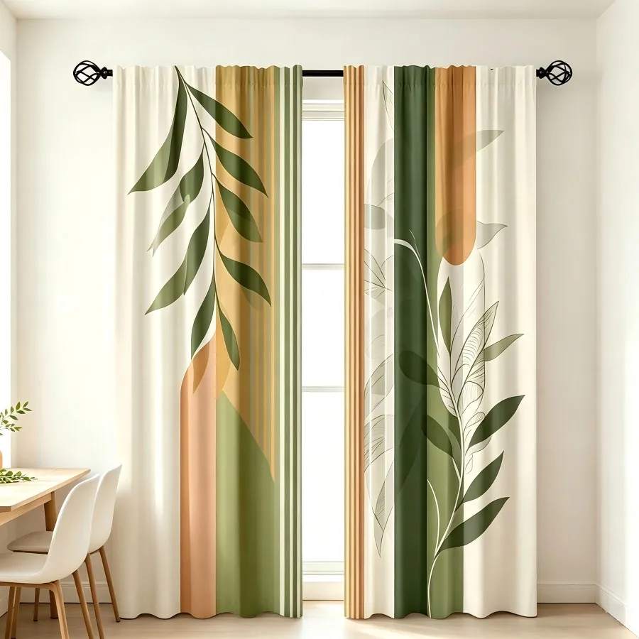 2PCS Digital Print Curtain, Geometric Green Orange Botanical Leaf, Modern Minimalist Boho for Living Room Bedroom Window Decor