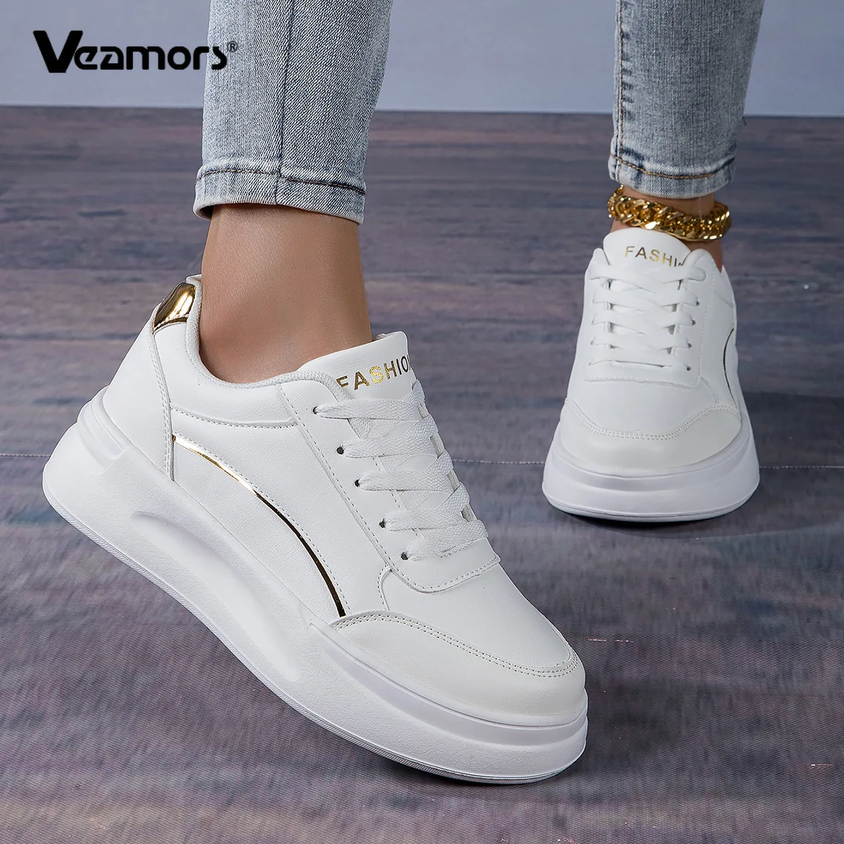 

Women PU Leather White Shoes Men's Fashion Lace-up Casual Sports Shoes Elastic Sole Running Sneakers Non-slip Couples' Trainers