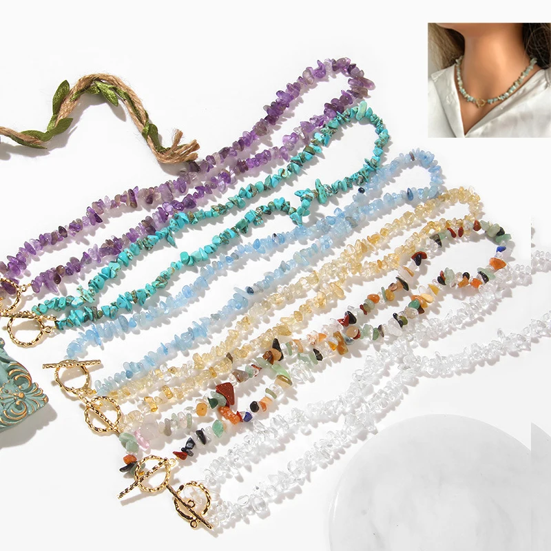 Gomggsale Necklace Natural Stone Gravel Clavicle Chain - Semi-Precious Stone Gravel Turquoise Amethyst Mookite Jasper 28g 45cm