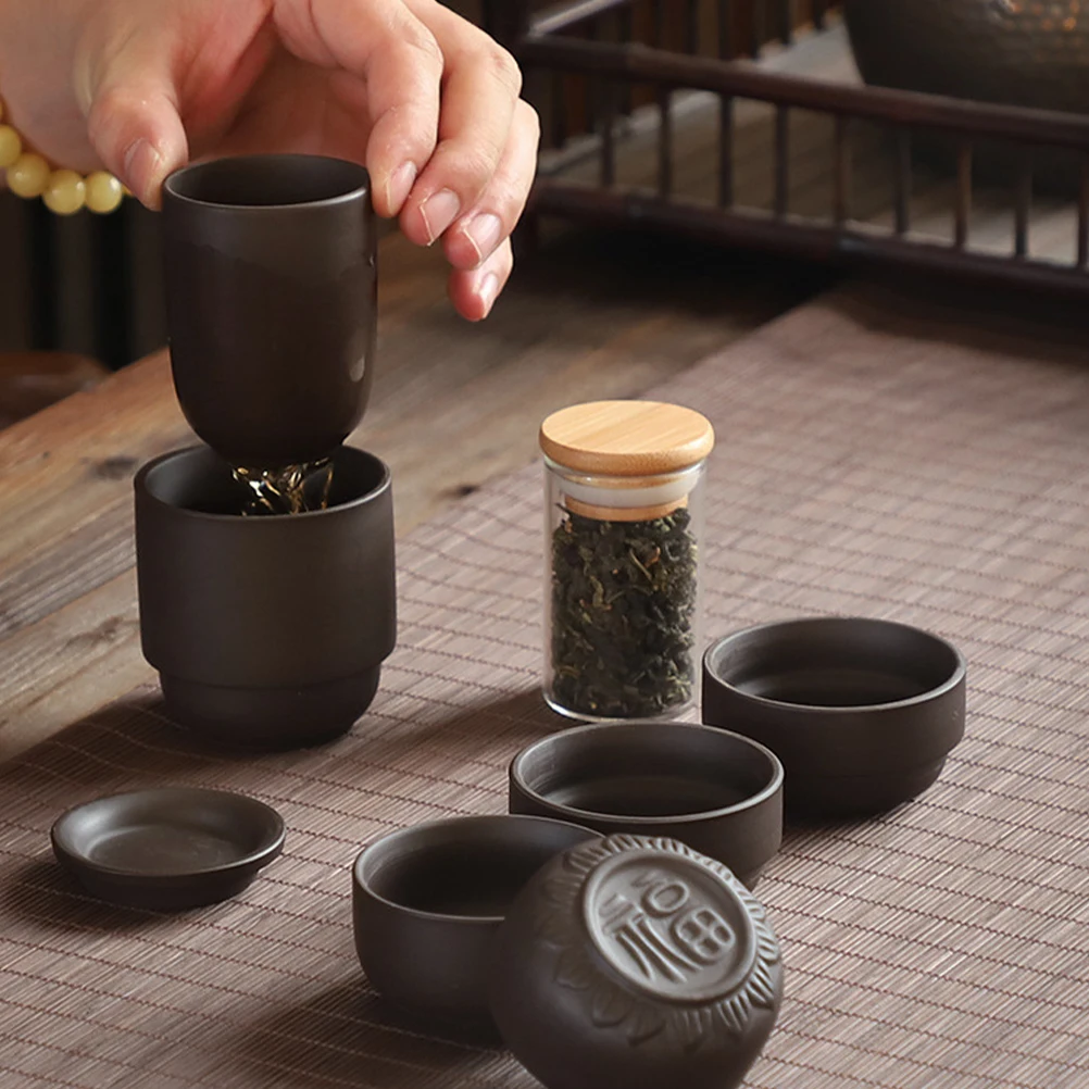 

Portable Ceramic Tea Set 1 Teapot 4 Cups Multi purpose Travel Retro Purple Clay Sturdy Kitchen Barware