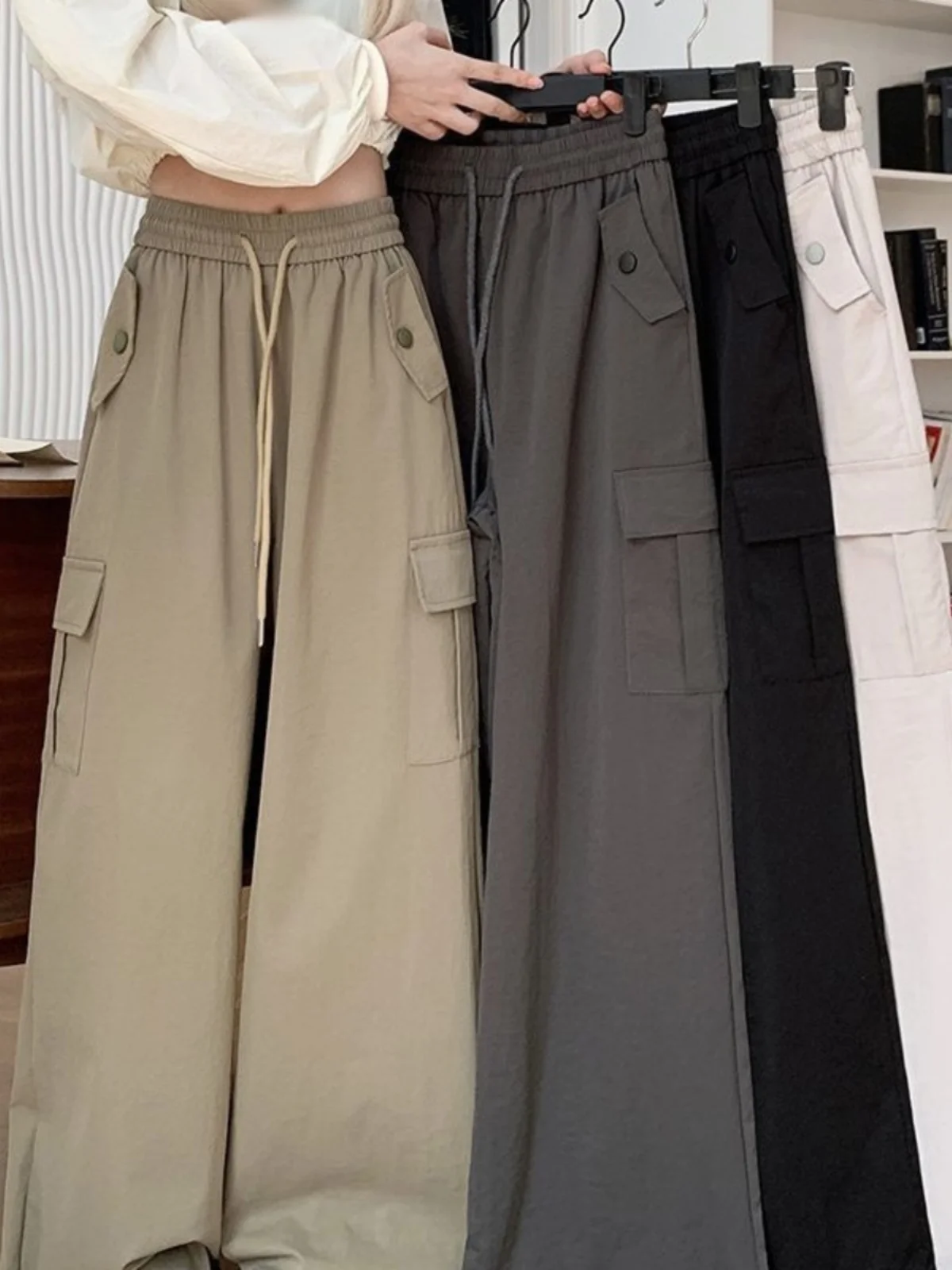 

Loose Wide Leg Workwear Pants ex Spring Autumn American Retro Casual Trousers Elastic Waist Cargo Pants Youth Daily Wear