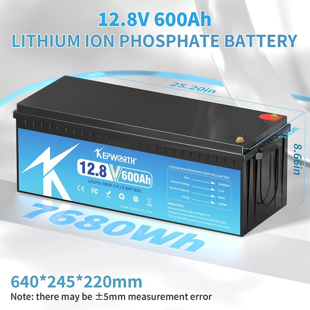 KEPWORTH Nova bateria 12V 600Ah LiFePO4 integrada em 200A BMS com ciclos profundos, para barco, rv, solar, aplicações fora da rede