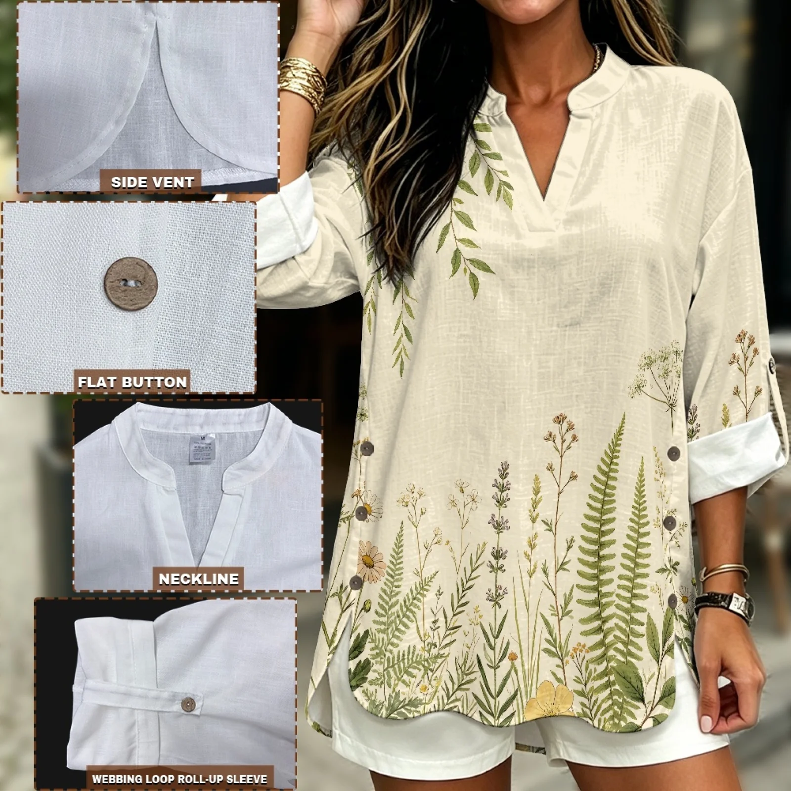 INSTANTARTS Women'S Linen V-Neck Shirt Breathable Long-Sleeved Top Blouse Roll-Up Cuff Lightweight Comfortable Soft Retro Flower view 5