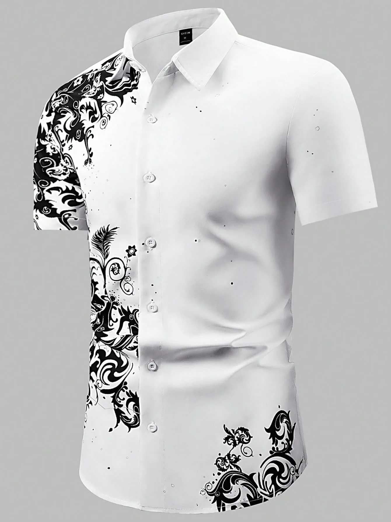 

Summer Slim Fit Nightclub Style Shirt Men Trendy Fashion Top Black White Color Block Patchwork Design Sense Printed Shirt