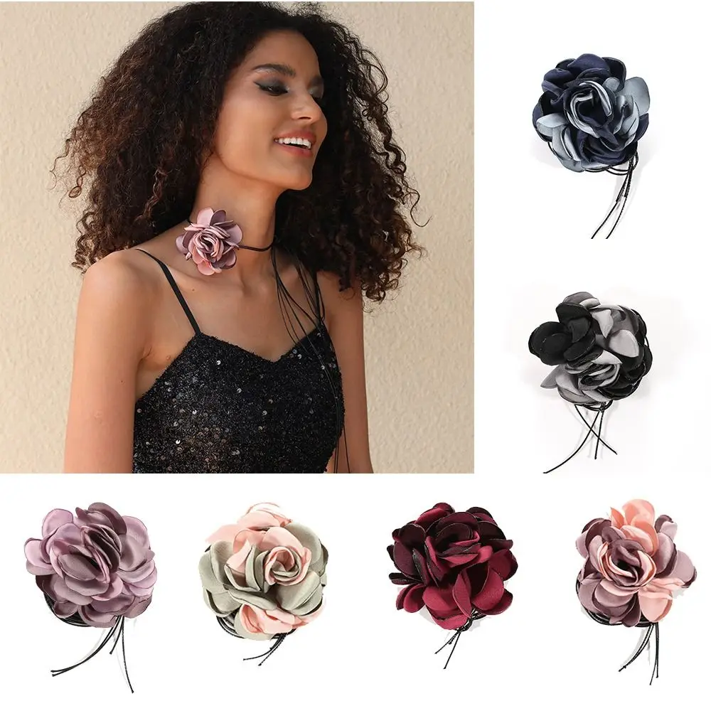 Tour de cou en tissu avec grande fleur rose, bijoux à breloques sur le cou, ULà lacets de style coréen, décoration de collier