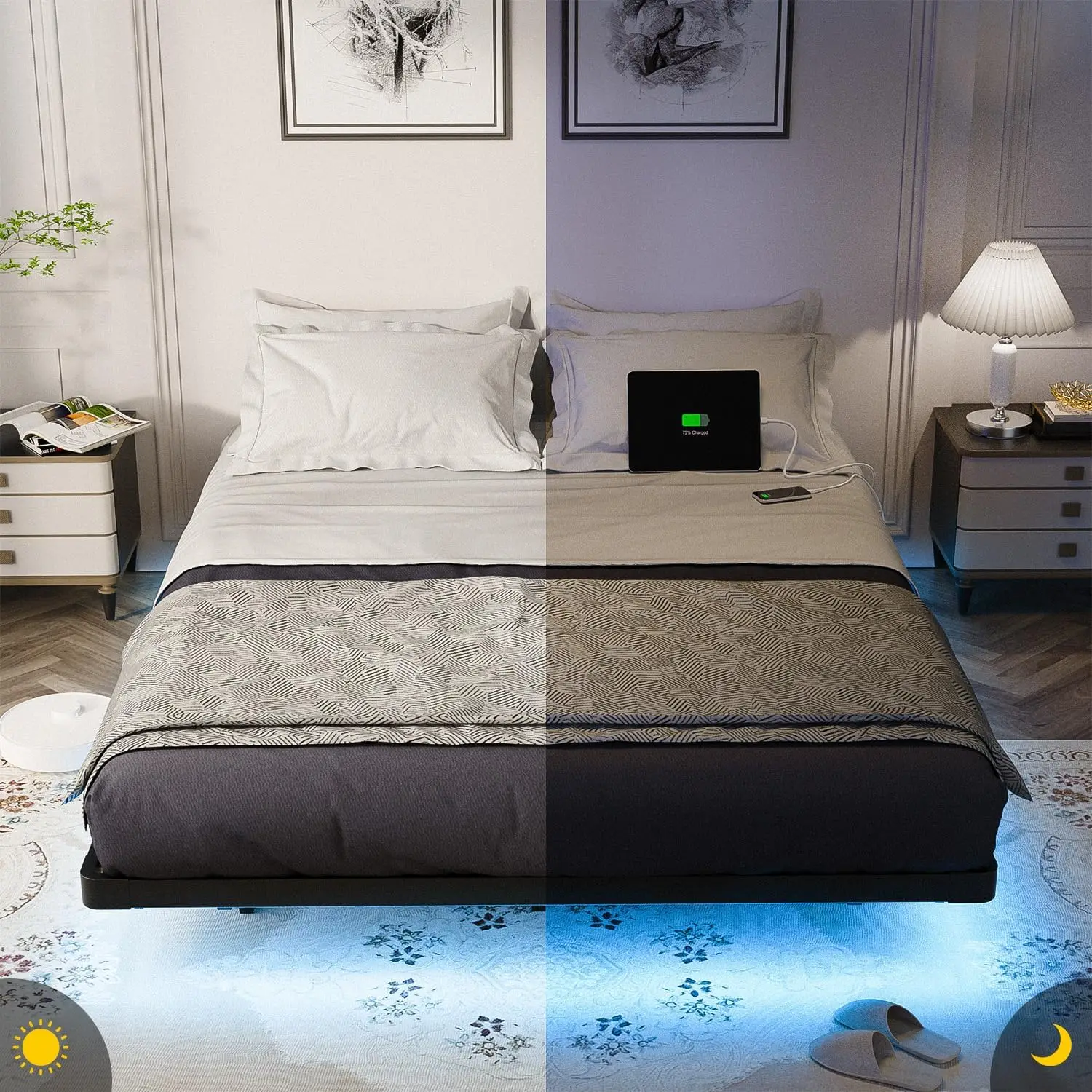 Se8fd532824df4489b62436e8ba39534bE Queen Size Floating Bed Frame with LED Lights and Charging Station