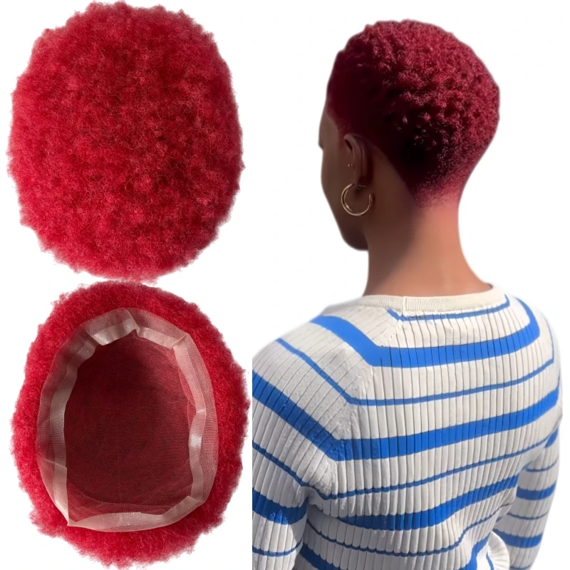 

Brazilian Virgin Human Hair Replacement Red 4mm Root Afro Toupee 8x10 Full Lace Units for Black Women