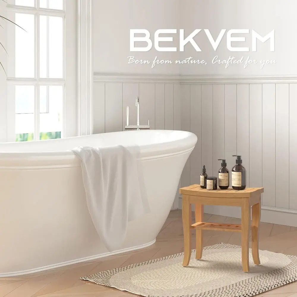 Banco de Chuveiro Estilo Spa em Bambu com Armazenamento para Uso Interno e Externo, Ideal para Adultos e Idosos