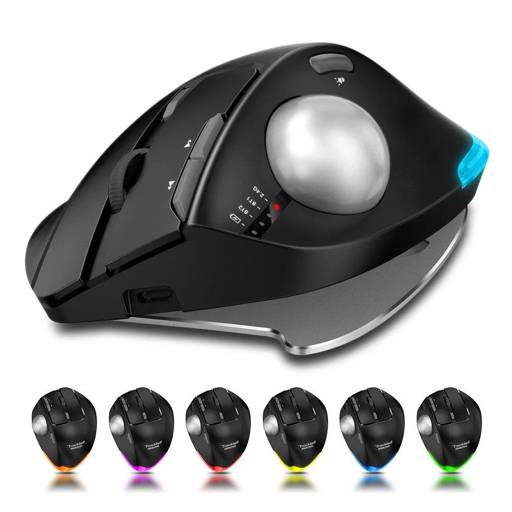 Lefon-Mouse Trackball Ergonômico Bluetooth Sem Fio, Ratos Rollerball RGB Recarregáveis para PC, Computador, Laptop, Escritório, 2400DPI