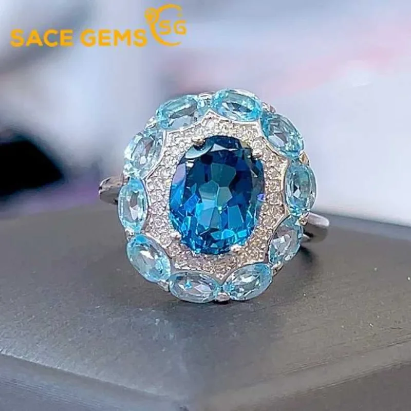 SACEGEMS New Certified 7*9MM Natual Swiss Blue Topaz Rings for Women 925Sterling Silver Wedding Party Fine Jewelry Festival Gift