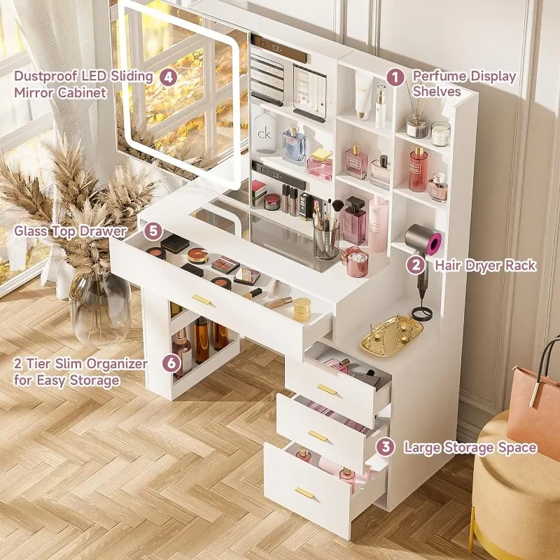 Safe Vanity Desk With Mirror And Lights,3 Lighting Colors, White Vanity Desk,Makeup Vanity With 4 Drawers + 2 Cabinets