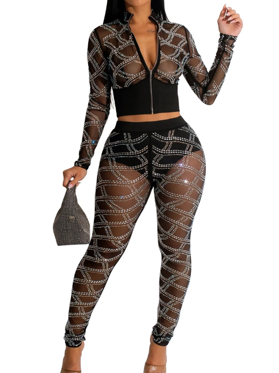

2 Pcs Set Sexy Solid Mesh Long Sleeve Rhinestone Zipper Jacket and High Waist Long Pants Set
