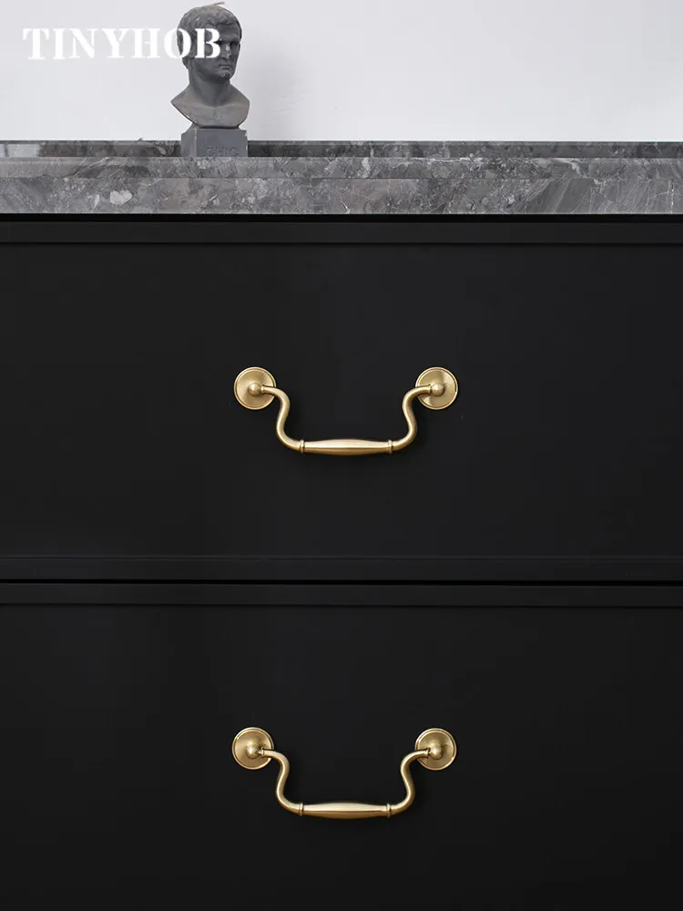 Luxury Vintage Solid Brass Drop Bail Pulls, Antique Gold Swing Drawer Handles for Dresser Wardrobe, Retro Brass Cabinet Hardware