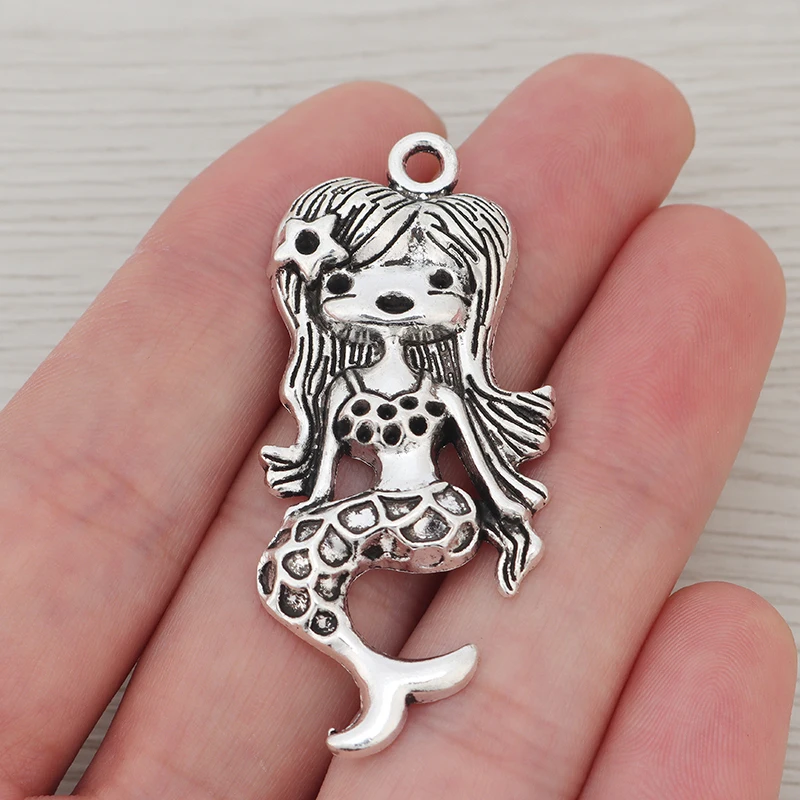 5 x Tibetan Silver Tone Girl Mermaid Fish Charms Pendants For DIY Necklace Jewelry Making Findings Accessories 54x24mm