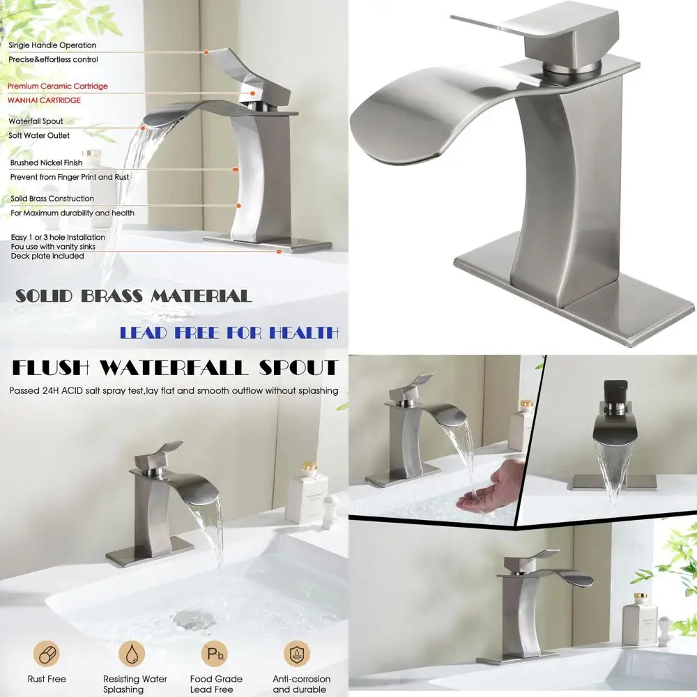 

Single Handle Modern Vanity Sink Faucet, 1 or 3 Holes, Solid Brass Waterfall Mixer with Deck Plate in Brushed Nickel
